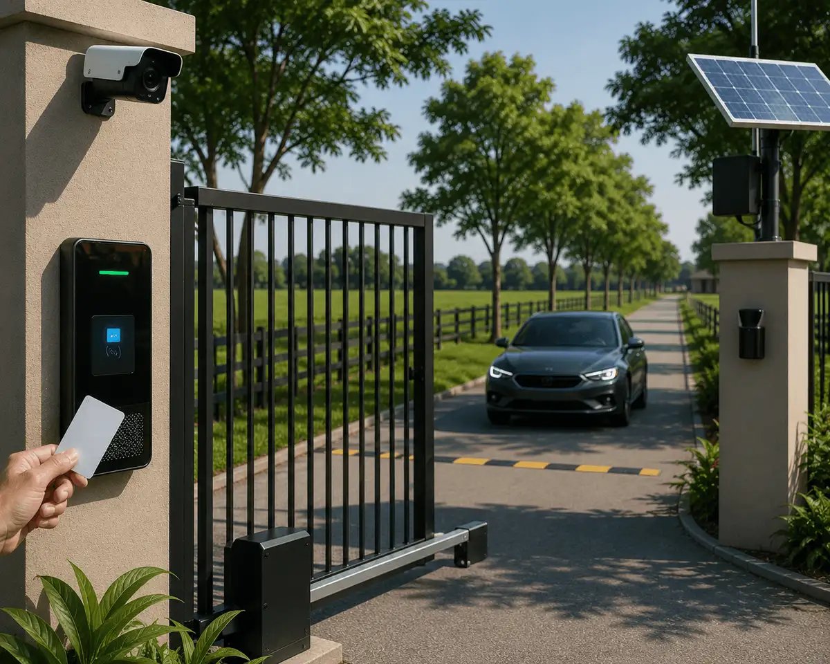 Smart automated gate access control with RFID, biometric authentication, and remote entry management for agricultural estates.